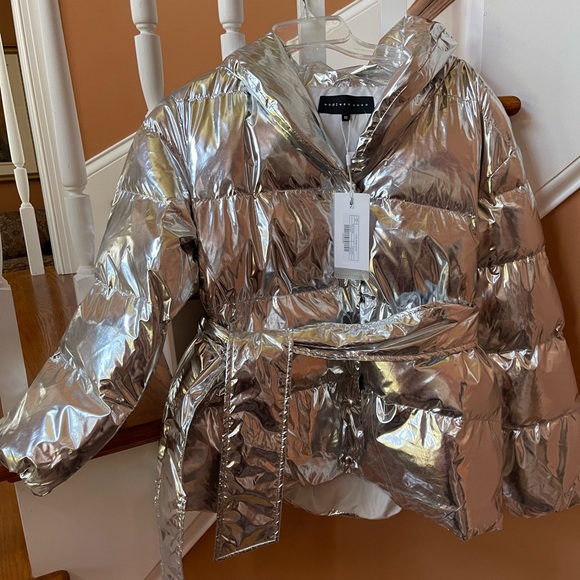 Anthropologie NWT stunning SZ XS metallic silver belted puffer coat/jacket - Picture 4 of 11